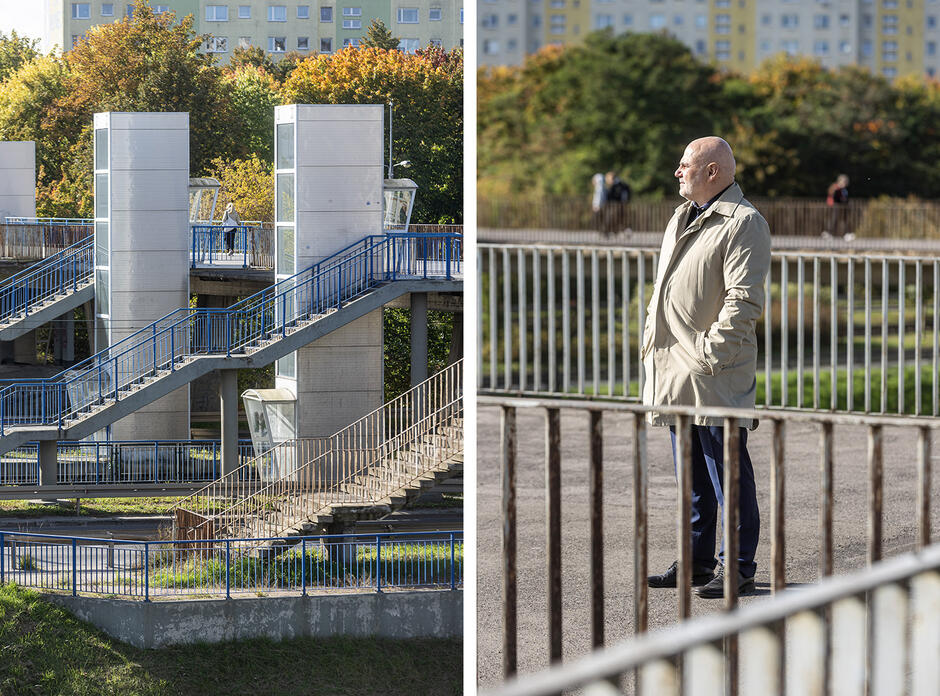 Na zdjęciach widać kładkę dla pieszych z niebieskimi barierkami i windami, prowadzącą nad ruchliwą arterią miejską. Obok pokazano mężczyznę w jasnym płaszczu stojącego na jej powierzchni, z tłem jesiennych drzew i bloków mieszkalnych. 