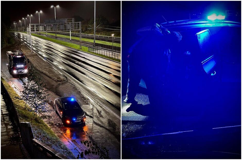 kolaż dwóch zdjęć zrobionych w nocy. Na jednym stoi radiowóz i wóz strażacki przy torach kolejowych, widok z mostu. Na drugim zdjęciu w niebieskim świetle policyjnego koguta osoba wsiada do radiowozu.