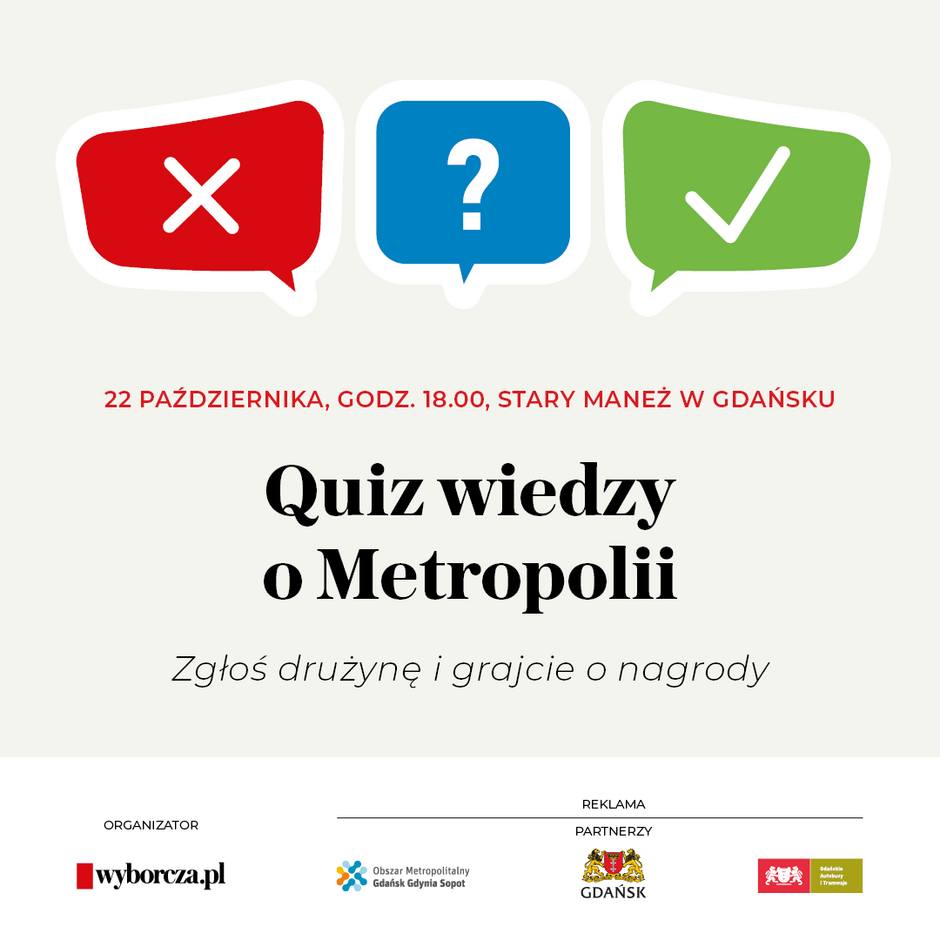 Grafika promująca wydarzenie „Quiz wiedzy o Metropolii”, które odbędzie się 22 października o godzinie 18:00 w Starym Maneżu w Gdańsku. Na plakacie widnieją kolorowe ikony symbolizujące odpowiedzi oraz logotypy organizatora i partnerów wydarzenia.
