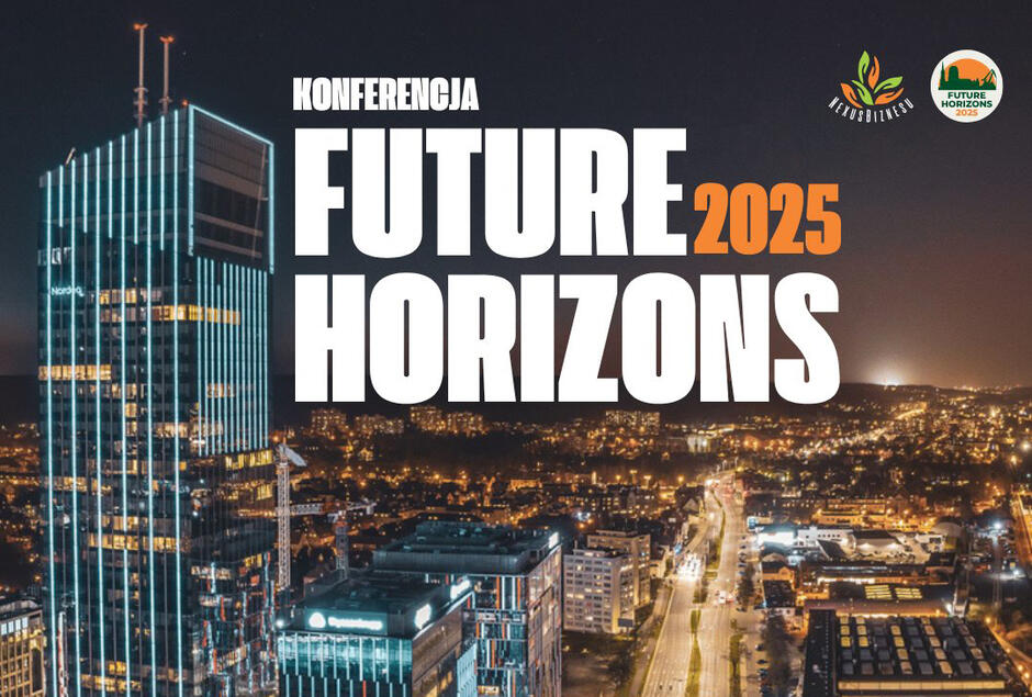 Grafika informująca o konferencji Future Horizons 2025 ze zdjęciem nowoczesnego wieżowca.
