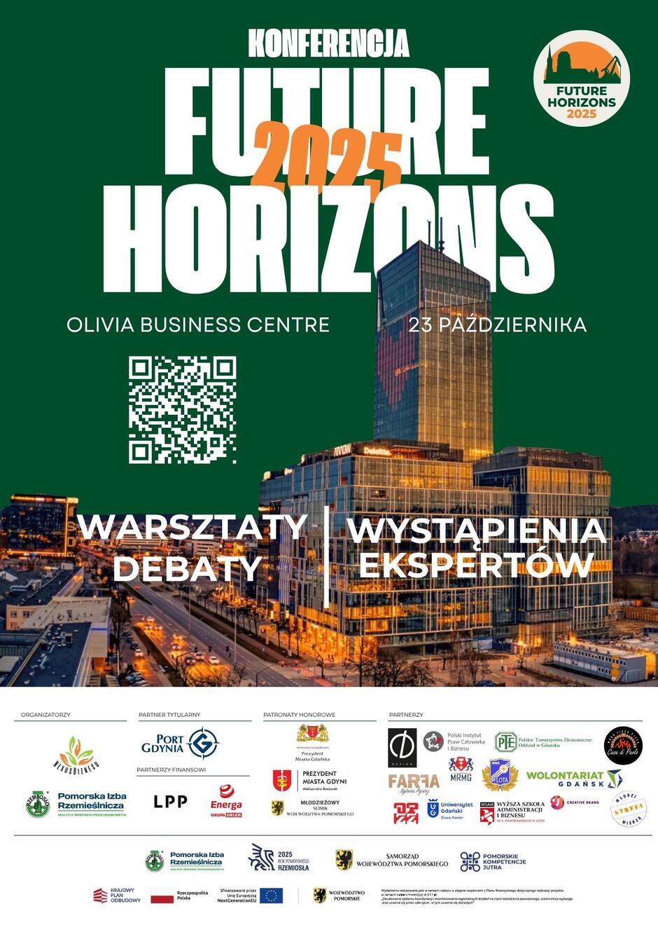 Plakat konferencji Future Horizons z napisami na tle nowoczesnego wieżowca.