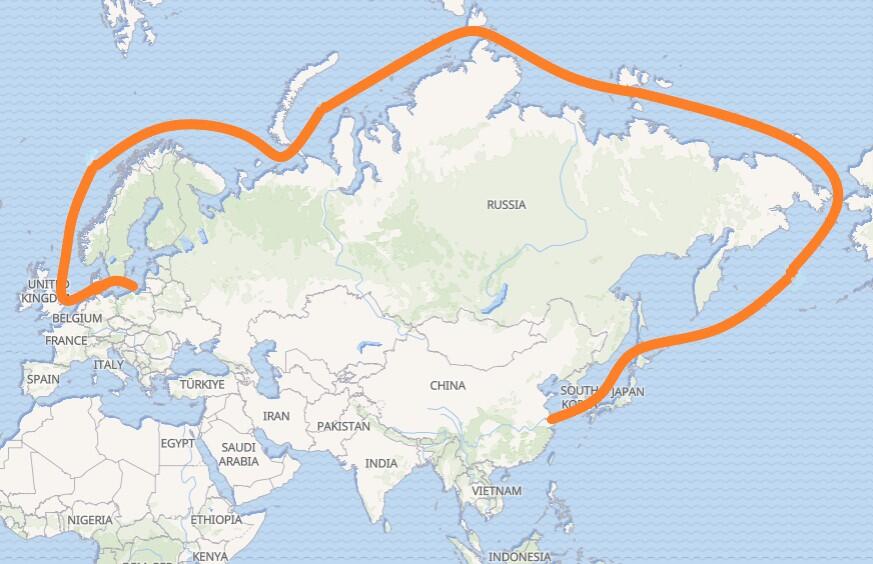 Mapa Eurazji z zaznaczoną na pomarańczowo linią, która pokazuje przebieg nowego szlaku
