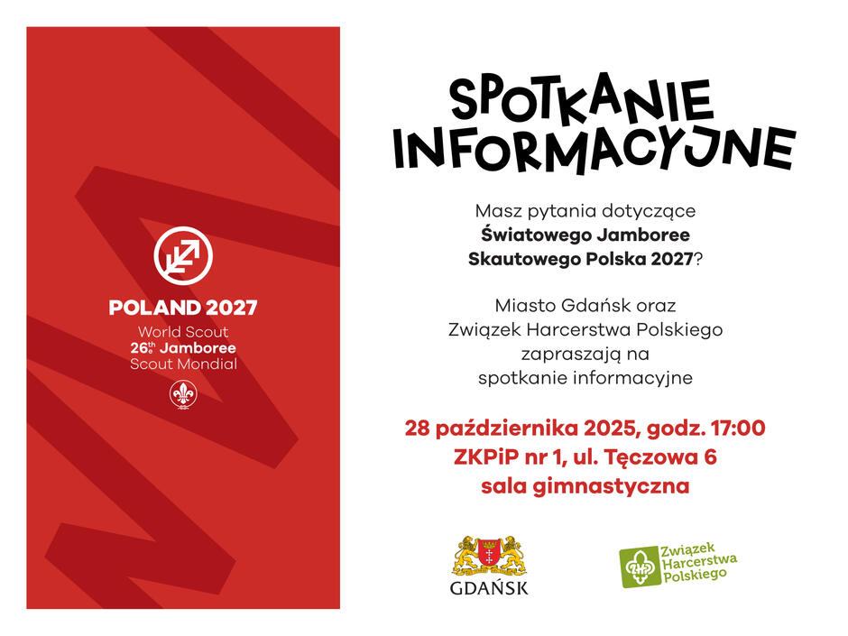 Grafika informacyjna w barwach czerwieni i bieli zapowiada spotkanie dotyczące Światowego Jamboree Skautowego Polska 2027. Podano datę 28 października 2025 roku, godzinę 17:00 i miejsce – szkołę przy ulicy Tęczowej 6 w Gdańsku.
