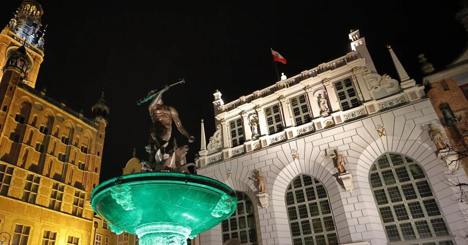 Zdjęcie Fontanny Neptuna od dołu, z podświetloną na zielono misą fontanny