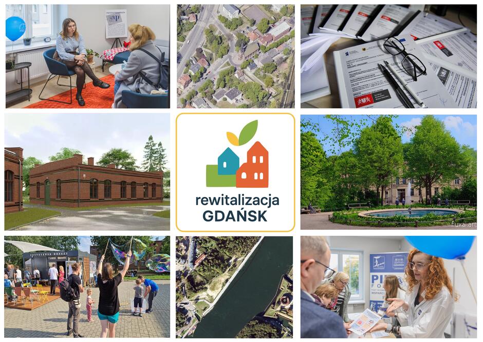 Kolaż ze zdjęć pokazujących remontowane budynki i ludzi podczas działań społecznych