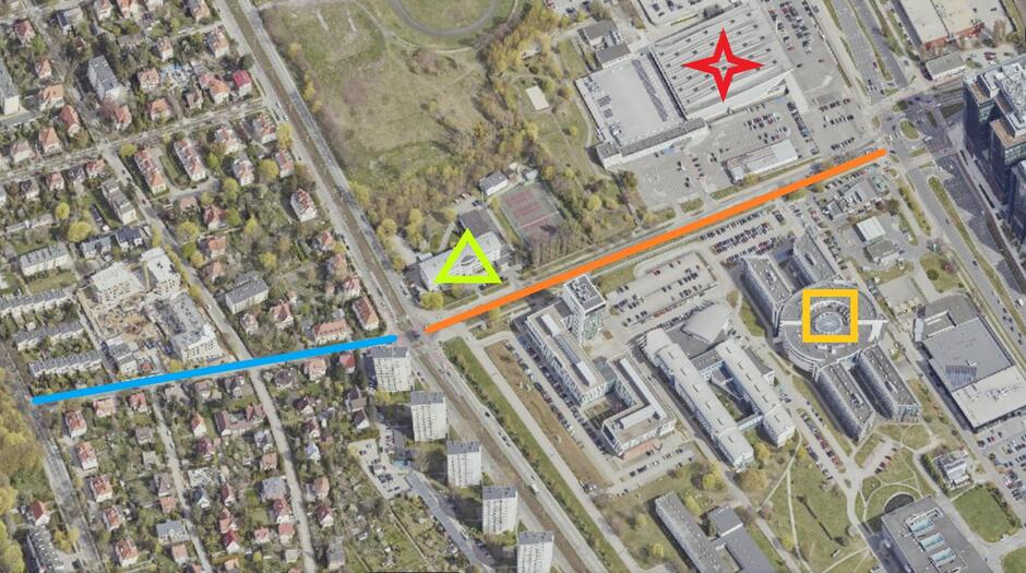 Dwie linie i znaki naniesione na mapę dla orientacji czytelników