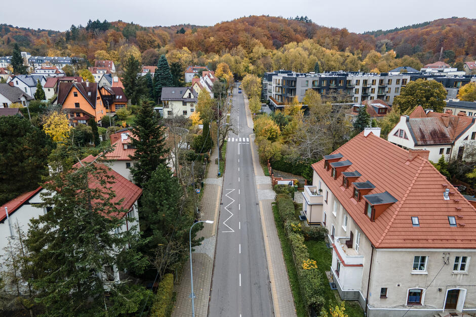 Widok ulicy w jej osi, z budynkami i drzewami po lewej i prawej stronie