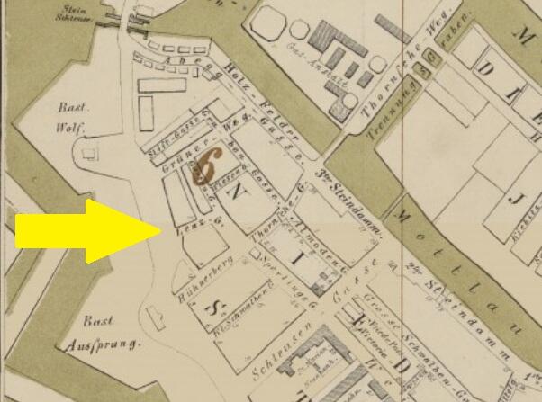 Mapa z żółtą strzałką wskazującą Lenzgasse.