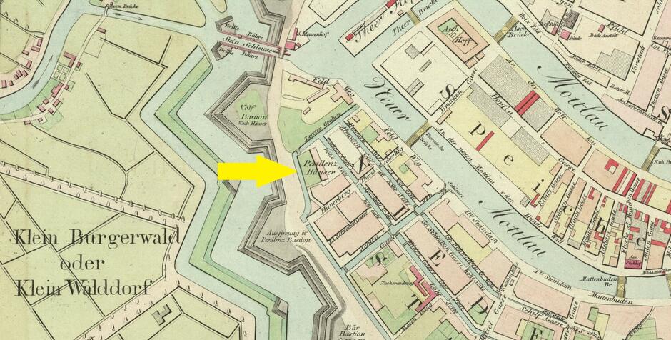 Mapa z żółtą strzałką wskazującą Dom Zarazy