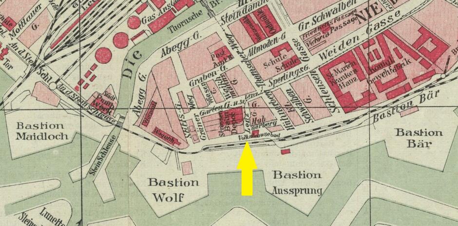 Mapa z żółtą strzałką wskazującą Lenzgasse