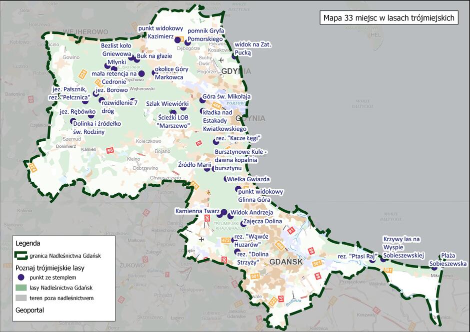 Mapa Nadleśnictwa Gdańsk z zaznaczonymi 33 najciekawszymi miejscami.