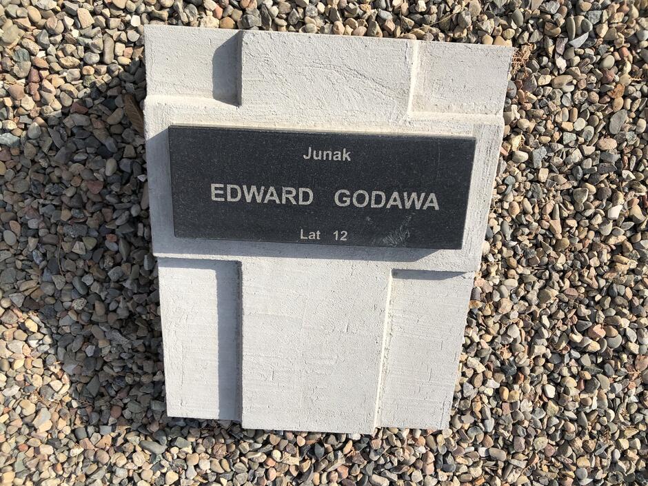 Nagrobek w formie płyty kamiennej z napisem: Junak Edward Godawa lat 12