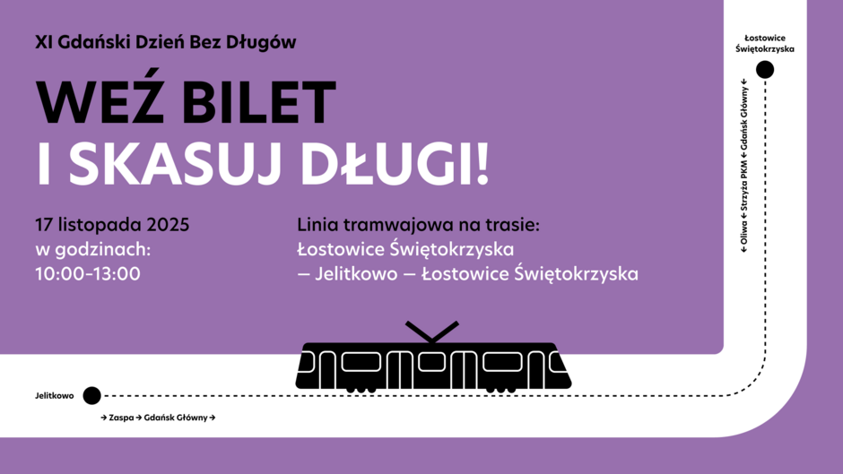 grafika z fioletowym tłem i czarno białymi napisami