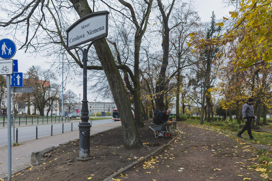 znak uliczny na słupie w parku; znak jest biały z czarnym tekstem; są drzewa po obu stronach, jest jesień; w tle są budynki i czerwony autobus na drodze