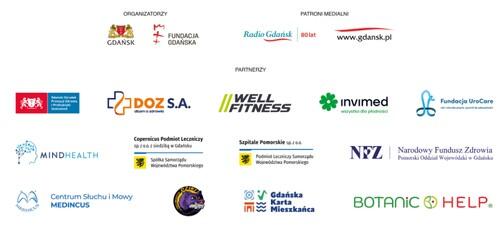 Grafika przedstawia zestaw logotypów organizatorów, patronów medialnych i partnerów wydarzenia. W górnej części znajdują się loga Miasta Gdańsk i Fundacji Gdańskiej jako organizatorów oraz Radio Gdańsk i portal gdansk.pl jako patronów medialnych. Poniżej widoczne są logotypy partnerów, m.in.: DOZ S.A., Well Fitness, Invimed, Fundacja UroCare, MindHealth, Copernicus Podmiot Leczniczy, Szpitale Pomorskie, Narodowy Fundusz Zdrowia, Centrum Słuchu i Mowy Medicus, Gdańska Karta Mieszkańca oraz Botanic Help.
