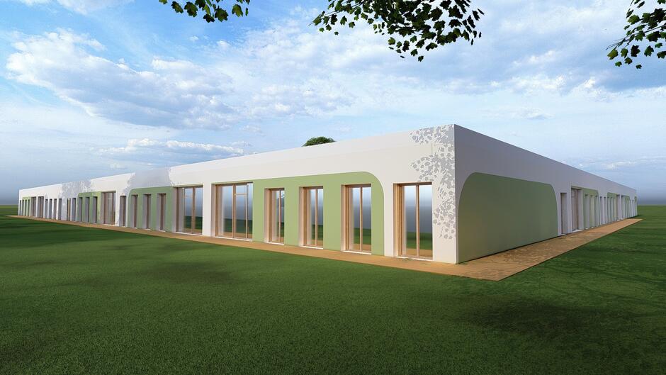 wizualizacja przedstawia jasny parterowy budynek żłobka