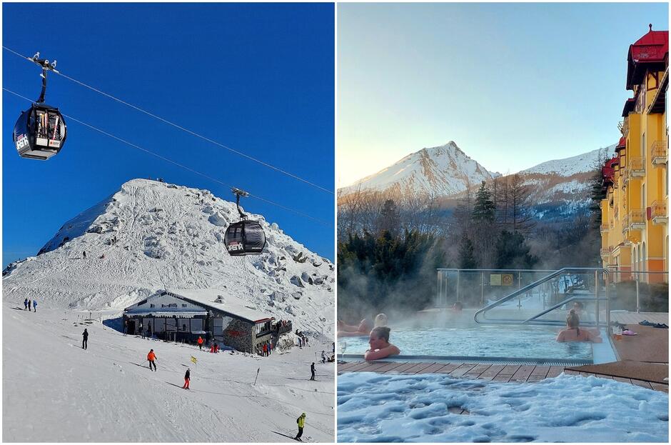 Ludzie siedzą w parującym basenie na zewnątrz, w tle ośnieżone góry.