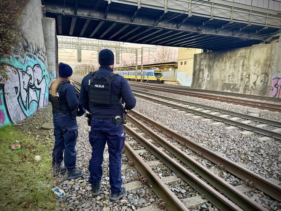Policjantka i policjant widziani od tyłu stoją przy torach kolejowych, w tle wiadukt i pociąg.