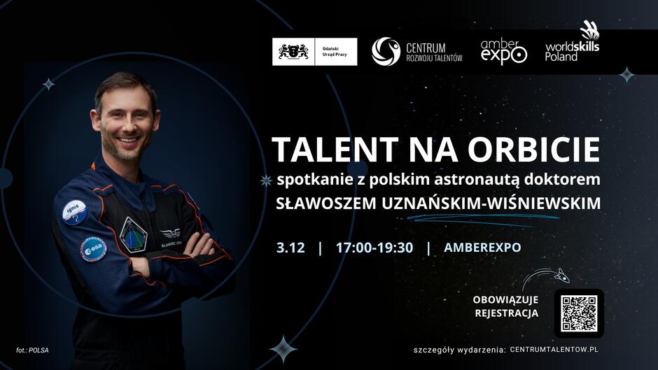 Grafika informująca o wydarzeniu z udziałem polskiego astronauty Sławosza Uznańskiego-Wiśniewskiego.