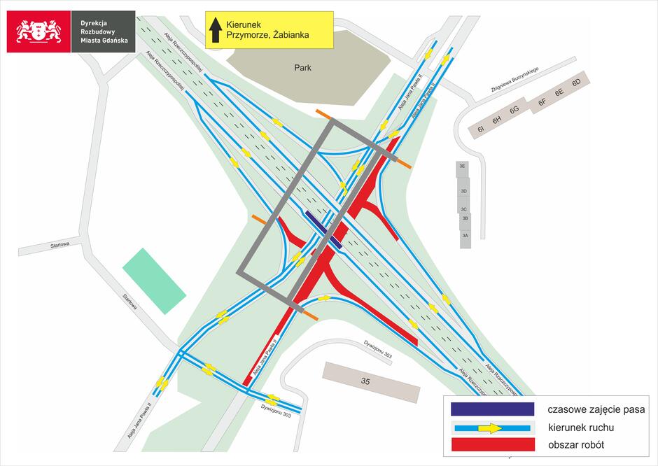 Na mapie przedstawiono tymczasową organizację ruchu w rejonie skrzyżowania Alei Rzeczypospolitej i Alei Jana Pawła II w Gdańsku, z zaznaczeniem zajętych pasów oraz kierunków jazdy. Kolorem czerwonym oznaczono obszary prowadzonych prac drogowych, a niebieskim wyznaczono dostępne trasy przejazdu.
