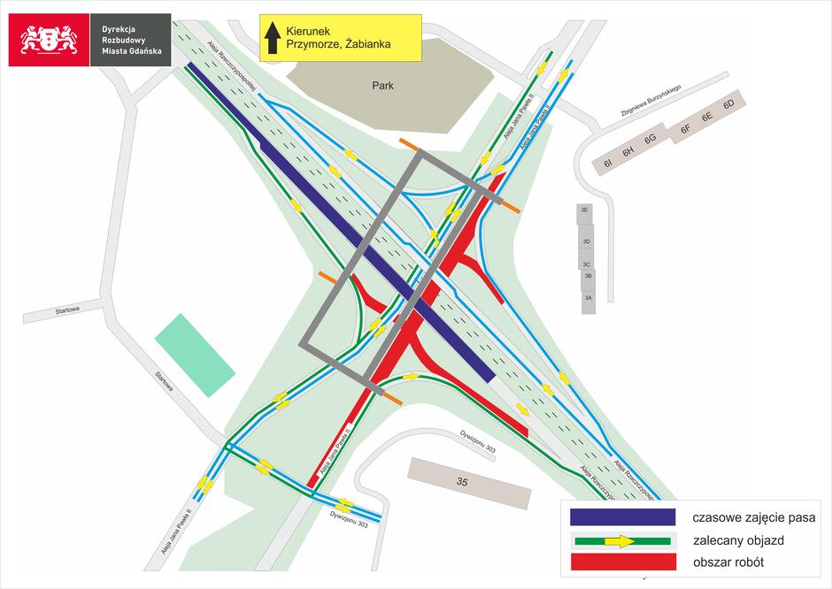 Na schemacie przedstawiono nocną organizację ruchu w rejonie skrzyżowania Alei Rzeczypospolitej i Alei Jana Pawła II w Gdańsku, z zaznaczeniem zajętych pasów oraz obszarów prowadzonych prac. Zielonym kolorem wskazano zalecane objazdy, a strzałki pokazują możliwe kierunki jazdy.
