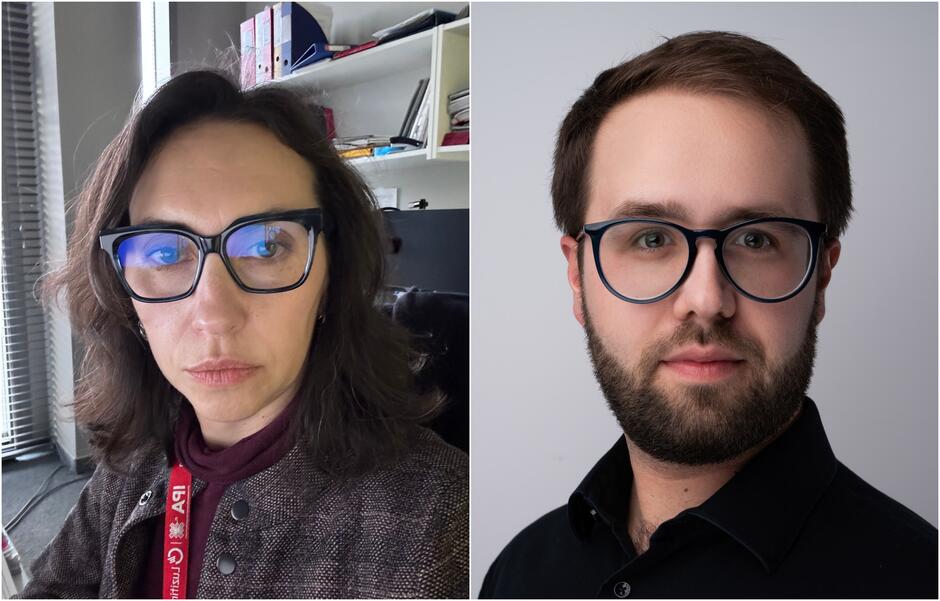 Po lewej stronie widać kobietę w okularach, sfotografowaną w biurowym otoczeniu, z półkami pełnymi dokumentów w tle. Po prawej znajduje się mężczyzna w okularach, przedstawiony na neutralnym tle w stylu profesjonalnego portretu.
