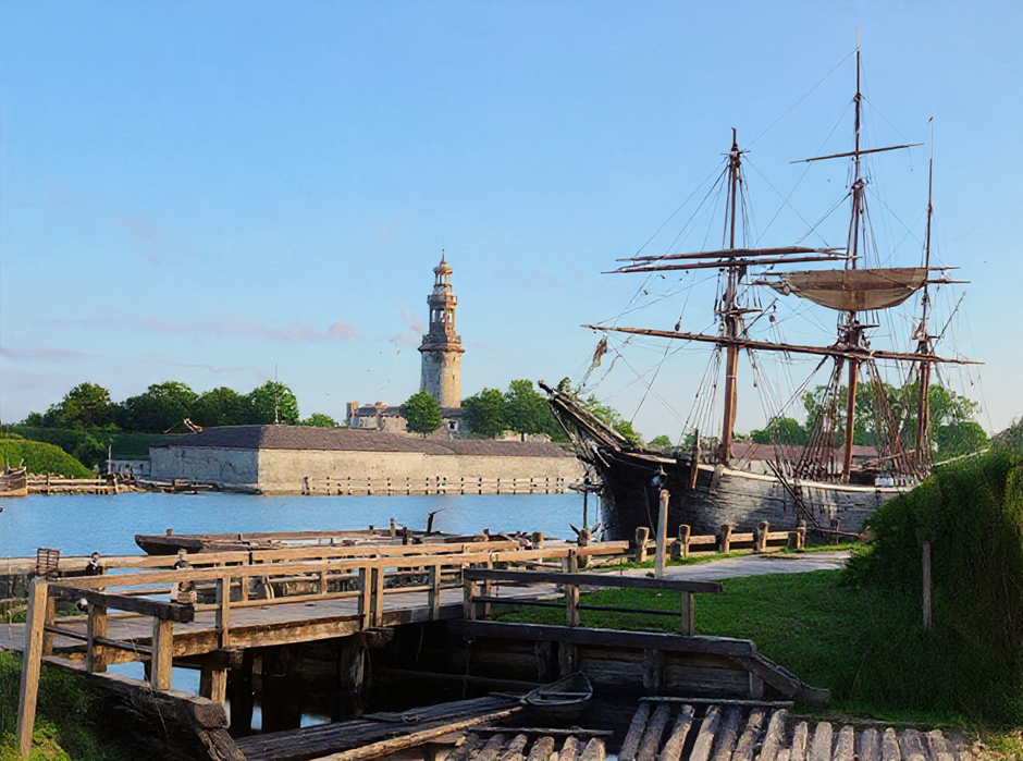 Drewniane nabrzeże, przy którym stoi drewniany żaglowiec. W tle Twierdza Wisłoujście