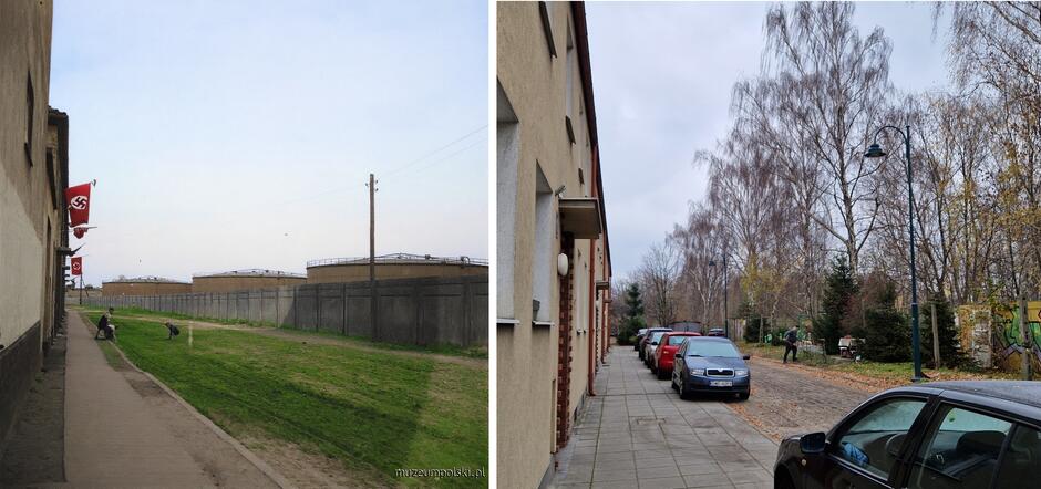 Dwa zdjęcia. Na przedwojennym z lewej widać ścianę budynku z faszystowskimi flagami, na trawie bawi się kilkoro dzieci, a za betonowym płotem widoczne są ogromne zbiorniki. Na drugim zdjęciu, zamiast zbiorników są drzewa, przed domem stoją zaparkowane samochody i oczywiście nie ma też flag