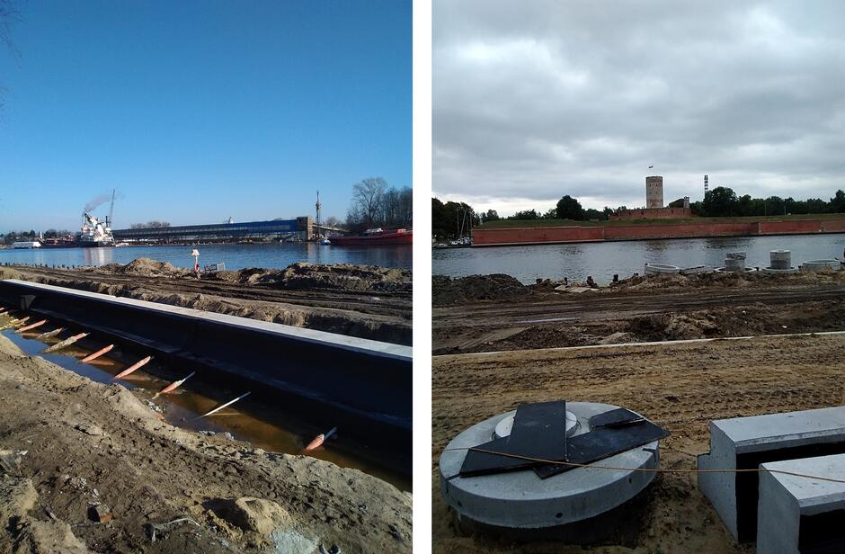 Dwa zdjęcia z przebudowy nabrzeża. Na jednym widać betonowy mur z podporami, na drugim betonowe okręgi i kloce przy rozkopach