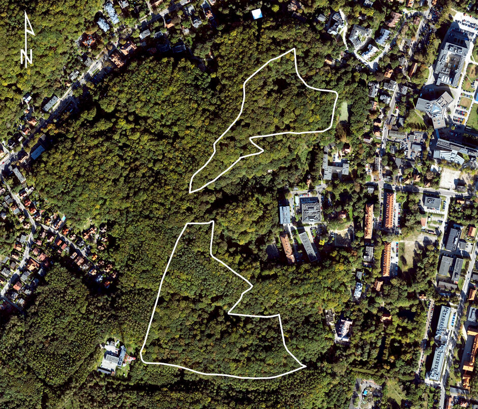 Mapa satelitarna lasu z zaznaczonymi dwoma obszarami chronionymi.