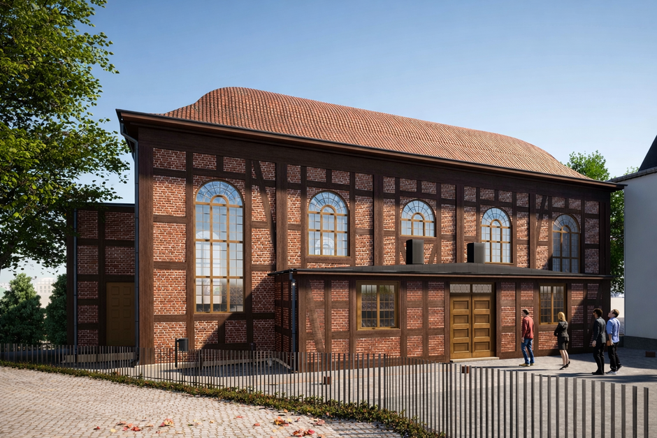 wizualizacja przedstawia odnowiony budynek dawnego kościoła o ceglanej elewacji i dużych oknach