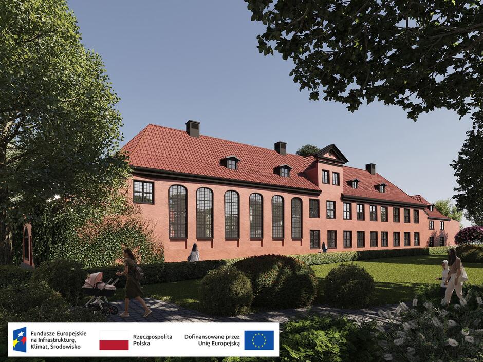 Wizualizacja komputerowa zabytkowego budynku z cegły pośród zieleni. W otaczającym budynek parku spacerują ludzie.