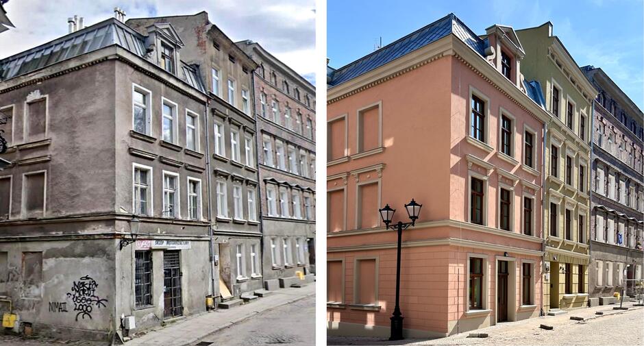 Na lewym zdjęciu zniszczona kamienica, na prawym ta sama wyremontowana.