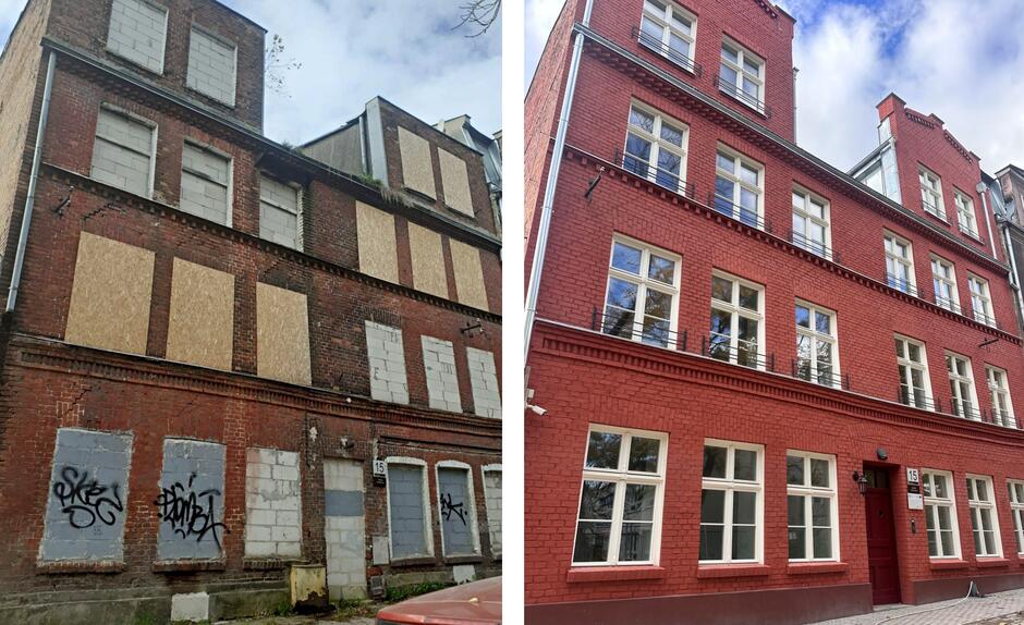 Na lewym zdjęciu zniszczona kamienica z oknami zabitymi płytami wiórowymi, na prawym ta sama wyremontowana.