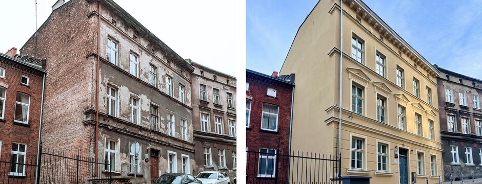 Na lewym zdjęciu zniszczona kamienica, na prawym ta sama wyremontowana.