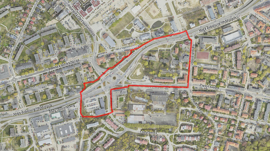 Grafika z mapą fragmentu miasta i granicami planu zmian przestrzennych.