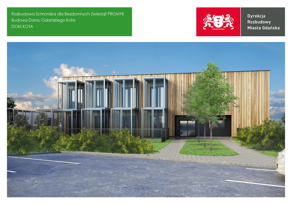 Grafika z projektem budynku dla kotów w schronisku dla bezdomnych zwierząt