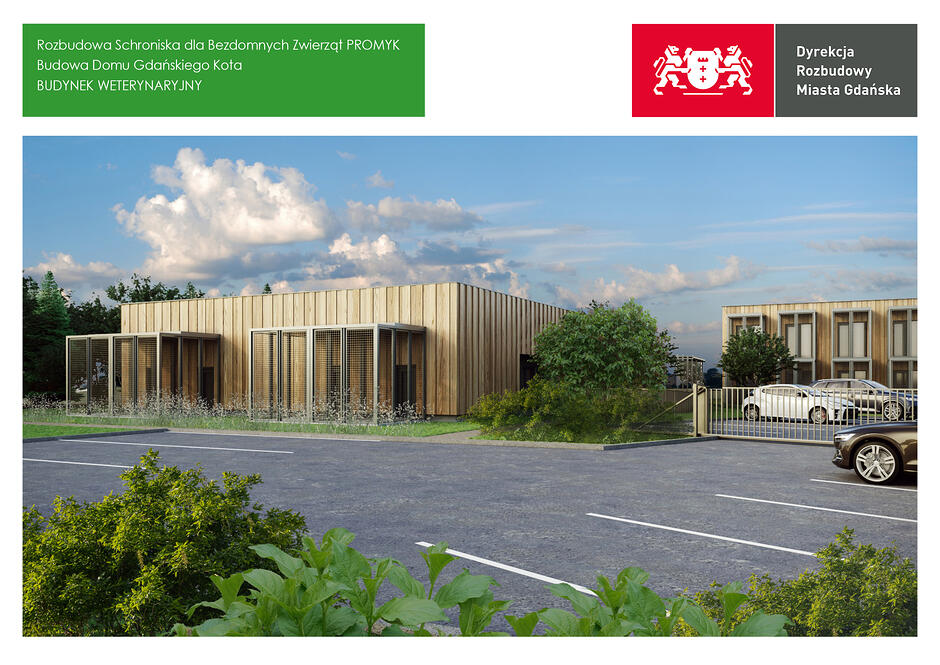 Grafika z projektem kliniki weterynaryjnej na terenie schroniska dla bezdomnych zwierząt.