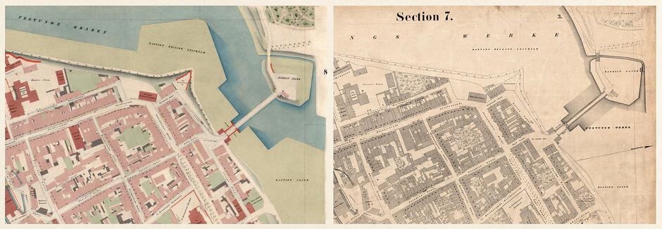 Przedstawiony obraz to sekcja 7. Planu Buhsego, precyzyjnej mapy katastralnej Gdańska z lat 1866–1869. Ukazuje ona historyczne centrum miasta, w tym fortyfikacje wewnętrzne, zabudowę i sieć wodną, stanowiąc cenne źródło do badań urbanistycznych i archeologicznych
