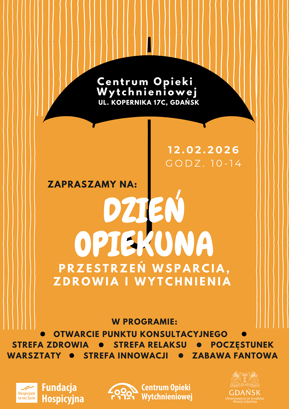 Plakat graficzny, na żółtym tle czarny rozłożony parasol i informacja o wydarzeniu z okazji Dnia Opiekuna.
