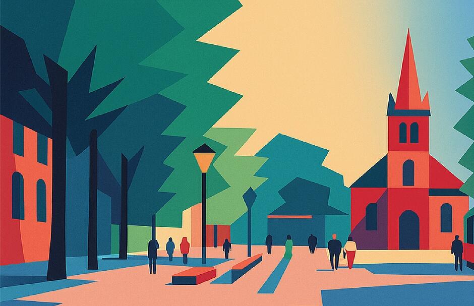 rysunek pokazujący Rynek Oruński z kościołem w tle