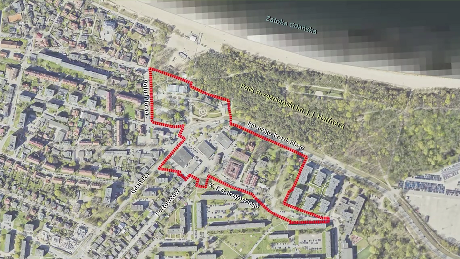 mapa, na której widać Brzeźno. Na czerwono zaznaczony jest obszar obejmujący plan zagospodarowania przestrzennego