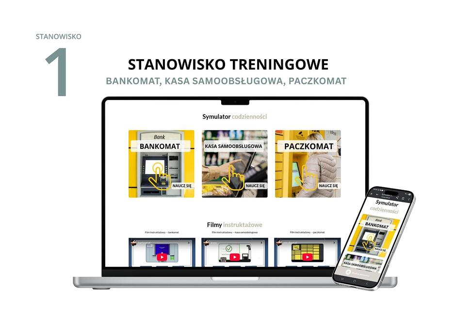 Grafika promująca „STANOWISKO 1: STANOWISKO TRENINGOWE – BANKOMAT, KASA SAMOOBSŁUGOWA, PACZKOMAT”. Na ekranie laptopa i smartfona widoczna jest strona „Symulator codzienności” z trzema dużymi przyciskami: Bankomat, Kasa samoobsługowa i Paczkomat. Poniżej znajdują się miniatury filmów instruktażowych dla każdego z tych urządzeń.