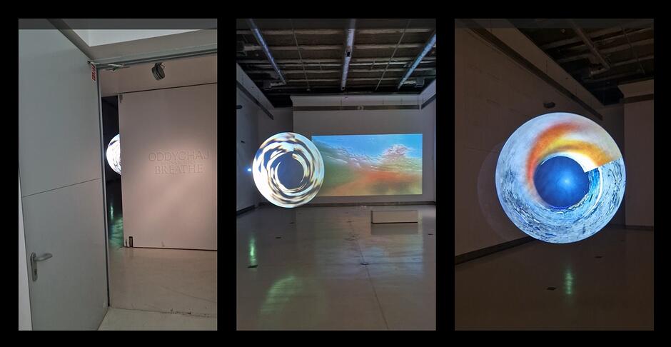 Trzy zdjęcia przedstawiające tajemnicze świetliste koło zawieszone w sali wystawienniczej