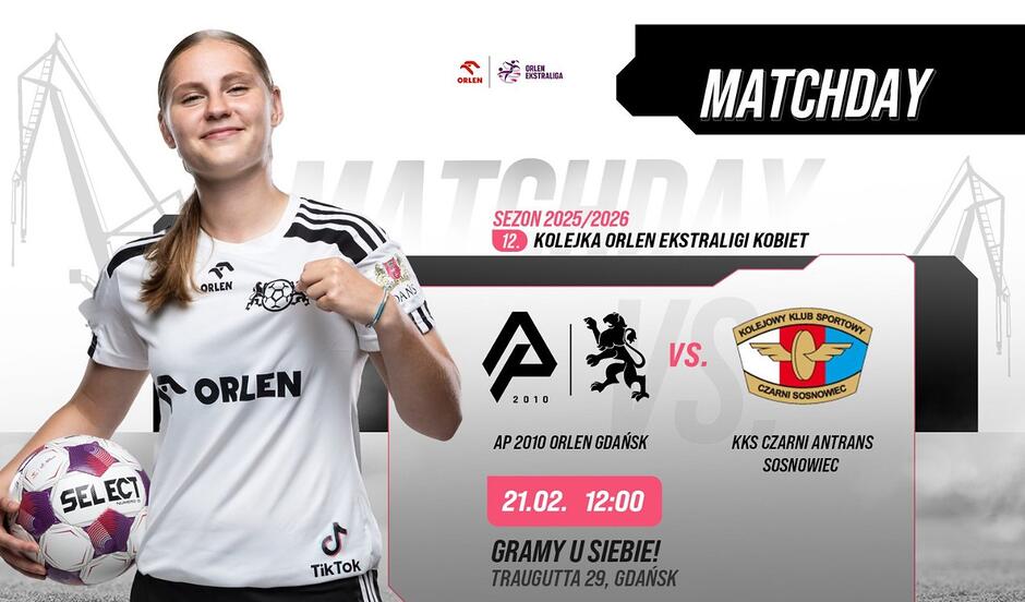 Grafika ze zdjęciem piłkarki trzymającej piłkę i informacją o meczy piłki nożnej kobiet.