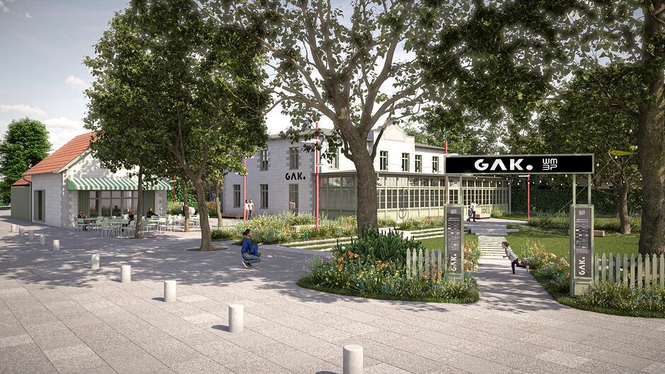 wizualizacja przedstawia dwa niewysokie odnowione budynki, przed nimi widać drzewa i zieleń