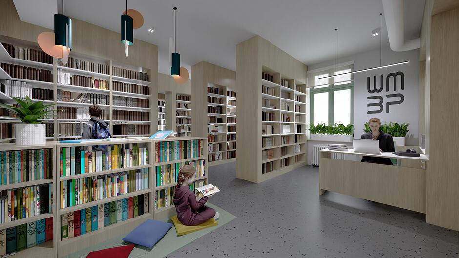 wizualizacja przedstawia wnętrze biblioteki