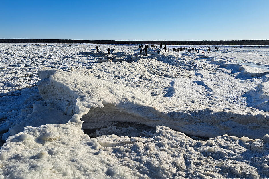 Zamarznięta plaża i morze oraz spacerujący ludzie.
