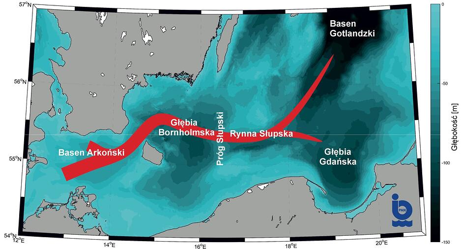 Mapa Morza Bałtyckiego z zaznaczonymi kierunkami wlewania się wody z Morza Północnego.