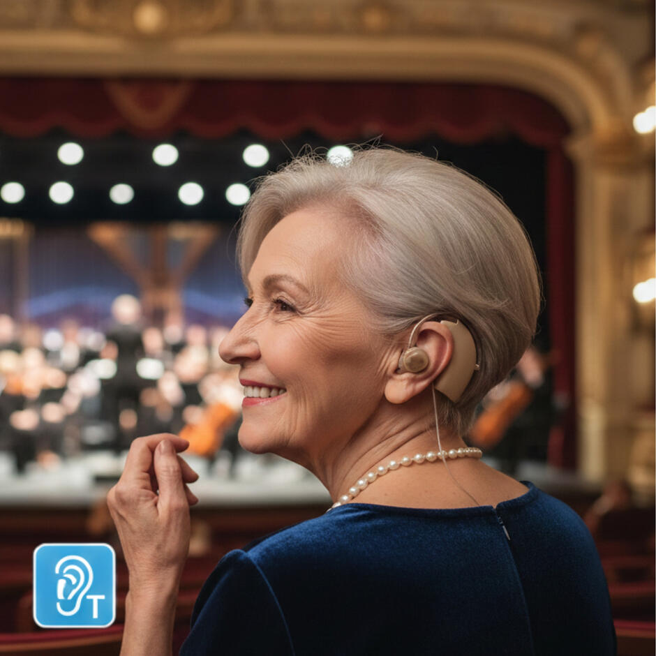 Realistyczne zdjęcie przedstawiające uśmiechniętą seniorkę o siwych włosach, siedzącą w operze lub teatrze. Kobieta ma na uchu beżowy aparat słuchowy i patrzy w stronę oświetlonej sceny, na której widać rozmyte sylwetki orkiestry. W lewym dolnym rogu znajduje się niebieska ikona ucha z literą „T” (symbol pętli indukcyjnej) oraz napis w języku polskim: „Pętla Indukcyjna – Usłysz wszystko”.